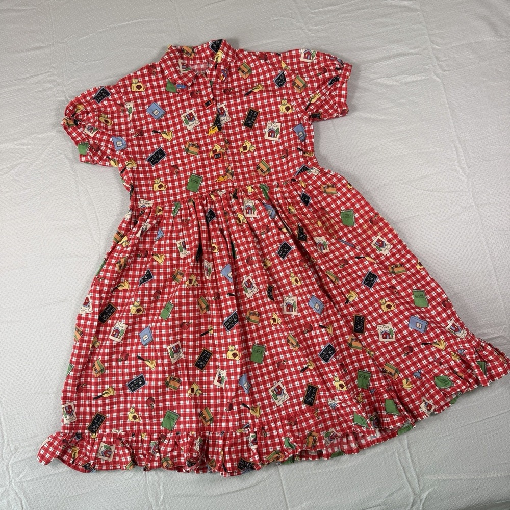 Vintage Teacher Dress Red Gingham School House Novelty Print Short Sleeve Ruffle